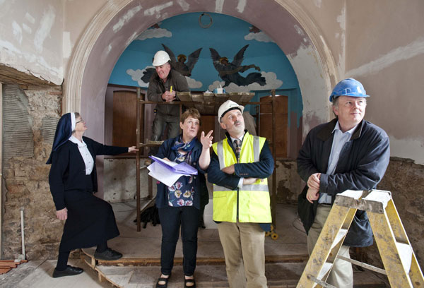 Sr Bosco from the Sisters of Mercy with Martin Murphy, building contractor; Breda McNamara, chairperson of the cultural centre committee; John Deaton, Deaton-Lysaght Architects and Paul Spratt, MED Building Services, in the oratory at the convent in Tulla during renovations for phase two of Cnoc na Gaoithe, the Tulla Comhaltas Cultural Centre. Photograph by Declan Monaghan