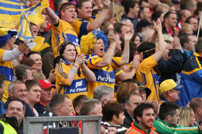 Clare fans celebrate another point at Croke Park.