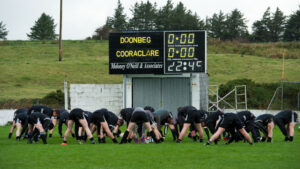 Doonbeg players warming up at Kilmihil  for the county football quarter final which didn't take place because Cooraclare didn't turn up and Doonbeg themselves eventually  didn't take to the field. Photograph by John Kelly.