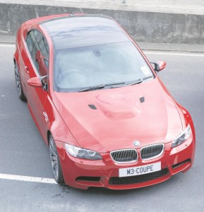 A bird's eye view of the new M3 coupé at Mondello, showing the carbon-fibre roof, which reduces weight and the centre of gravity.