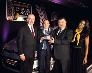 Pictured at the presentation of the Continental Irish Car of the Year trophy were Tom Dennigan, Continental Tyres Ireland, Frederic Soulier, Managing Director, Citroen Motors Ireland, Gerry Murphy, Chairman, IMWA and model Adrienne Murphy.