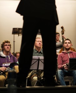 Musicians Fergal Breen, Mick O Brien and Jack Talty  keep their eyes on conductor Bjorn Bantock during rehearsals for the Clare Memory Orchestra's production of The Clare Concerto which is on in Glor on November 8. Photograph by John Kelly.