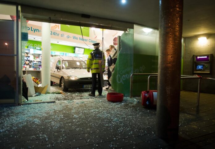 The scene at Lynch's Centra on the Gort road in Ennis after a van went crashing through the shopfront on Wednesday evening. Photograph by John Kelly.;