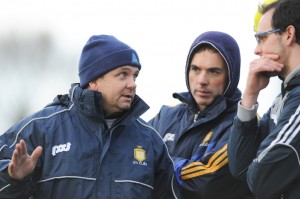 Clare manager Davy Fitzgerald with selectors Louis Mulqueen and Paul Kinnerk on the sideline during the Waterford Crystal quarter final against Limerick at Sixmilebridge. Photograph by John Kelly.