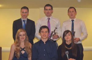 Sports personalities honoured at the O’Callaghan’s Mills parish function were Sean Hehir, Patrick Donnellan and Conor Cooney; front, Louise McCagh, Colin Crehan and Ella Donnellan.