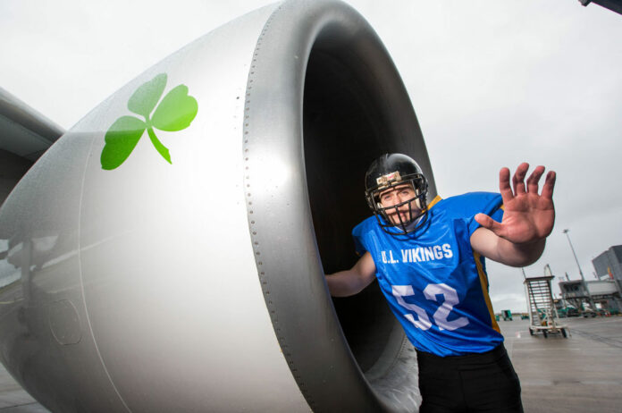 Dylan Quigley, The Vikings Amercian Football team on hand to help launch the Shannon Boston Aer Lingus daily flights.