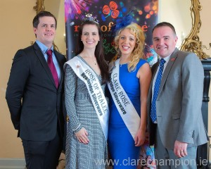 At the launch of the 2014 Clare Rose selection at The Rowan Tree in Ennis were, from left, Ciarán O’Connell, Clare Rose of Tralee chairman; Haley O’Sullivan, International Rose of Tralee; Newmarket’s Marie Donnellan, 2013 Clare Rose of Tralee and Steve Cronly, Rose of Tralee commercial manager. Photograph by John Mangan