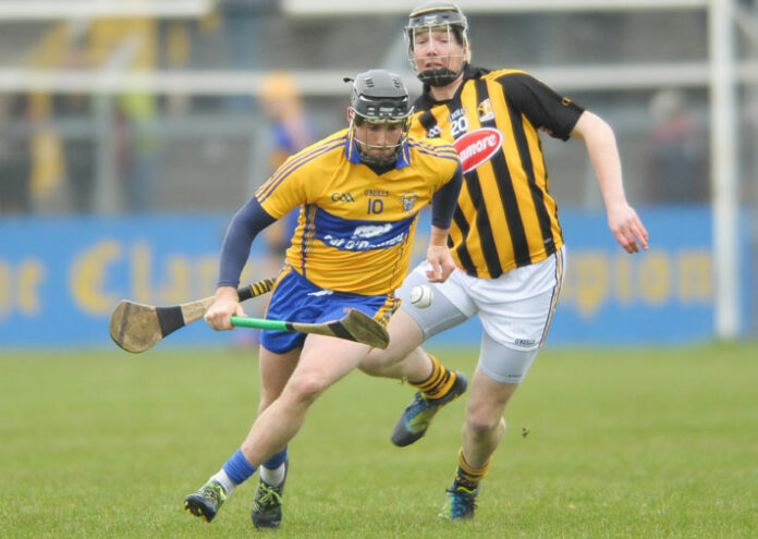 Colin Ryan and Walter Walsh facing off in the first round of the National Hurling League at Cusack Park, Ennis.