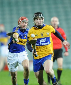 Tony Kelly of Clare in action against James Woodlock of Tipperary during their Waterford Crystal Final at The Gaelic Grounds. Photograph by John Kelly.