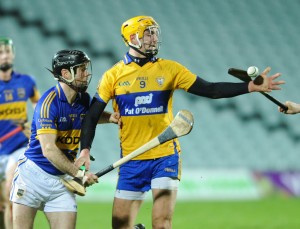 Peter Duggan of Clare in action against Conor O Brien of Tipperary during their Waterford Crystal Final at The Gaelic Grounds. Photograph by John Kelly.