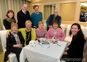 Monica Gallagher, Caroline Stack, Neasa Sexton and Anita O' Loughlin of Sláinte An Chláir with Saoirse Byrne of Ennis Players, right, and at rear, Sinéad Finn, Allen Flynn, Mick Kelly and Eddie McCourt of Ennis Players at the launch of the Ennis Players forthcoming charity production of Calendar Girls, in aid of four local charities, at the Old Ground Hotel. Photograph by John Kelly.