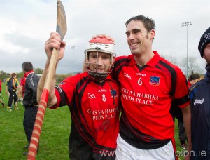 Whitegate's  team captain, Brendan Bugler celebrates with Raymond Cahill, following their win over Feakle in the intermediate county final. Photograph by John Kelly