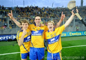 Shane O'Donnell, Brendan Bugler and Podge Collins  celebrate after the All-Ireland replay win over Cork at Croke Park. Photograph by John Kelly.