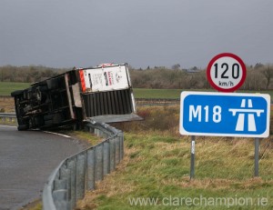 A truck that was overturned in windy conditions. Photograph by Arthur Ellis