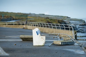 A view of the destruction to the new railing and wall following the latest high seas and gales at the West End car park in Kilkee. Photograph by John Kelly.