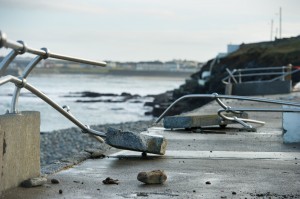 A view of the destruction to the new railing and wall following the latest high seas and gales at the West End car park in Kilkee. Photograph by John Kelly.