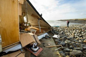 A wrecked mobile home at White Strand, Miltown Malbay following the latest high seas and gales. Photograph by John Kelly.