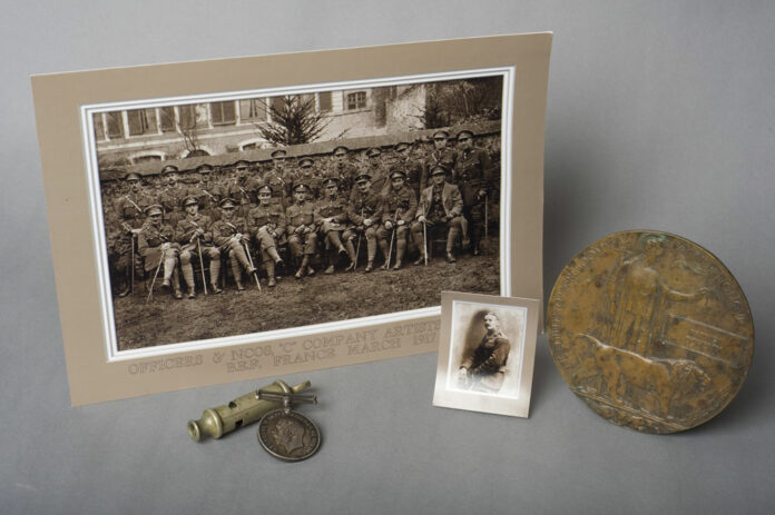 Items from the Claremen and the First World War exhibition at Clare Museum as featured in the new booklet The Great War 1914-1918 – The Clare War Dead WWI. Included are black and white photographs of officers and NCOs of C Company, an officer’s whistle a British War medal and photograph of S/Lt Patrick Doherty.