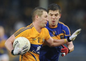 Enda Coughlan of Clare in action against Robbie Kiely of Tipperary during the National League game at Thurles. Photograph by John Kelly.