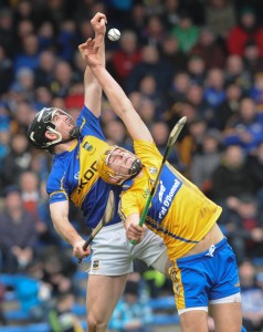 Conor O Mahoney of Tipperary in action against Peter Duggan of Clare during their National League game at Thurles. Photograph by John Kelly.