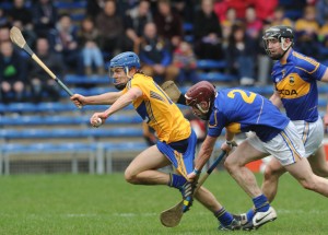 Shane O Donnell of Clare has his togs tested by Paddy Stapleton of Tipperary during their National League game at Thurles. Photograph by John Kelly.