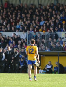 Clare's Shane Golden takes a lonely walk to the sideline after being red carded during their NHL Division 1 Round 5 game against Galway at Cusack park, Ennis. Photograph by John Kelly.