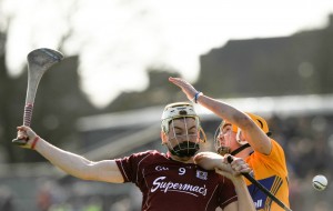 Padraig Brehony of Galway in action against Colm Galvin of Clare during their NHL Division 1 Round 5 game at Cusack park, Ennis. Photograph by John Kelly.