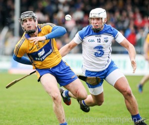  Colin Ryan battles with  Waterfords Stephen Molumphy at Cusack Park Ennis on Sunday. Phootograph by Arthur Ellis.