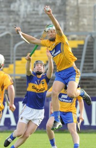 Aaron Shanagher of Clare in action against Conor Ryan of Tipperary during their Munster Minor Championship game at Cusack Park. Photograph by John Kelly.