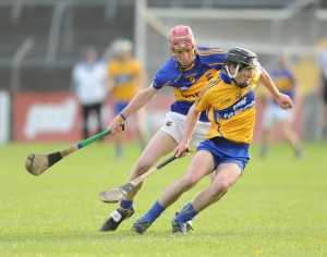 Ian Galvin of Clare in action against Billy Mc Carthy of Tipperary during their Munster Minor Championship game at Cusack Park. Photograph by John Kelly.