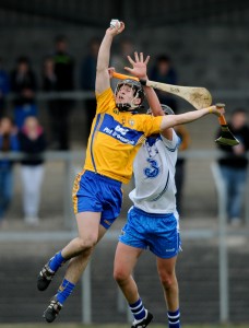 Brian Guilfoyle of Clare in action against David Prendergast of Waterford during their Munster Minor hurling Championship game at Cusack park. Photograph by John Kelly.