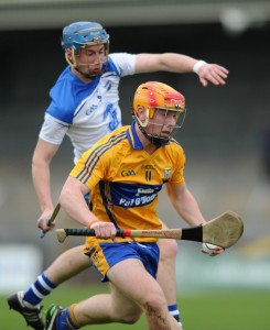 Michael O Shea of Clare in action against Conor Gleeson of Waterford during their Munster Minor hurling Championship game at Cusack park. Photograph by John Kelly.