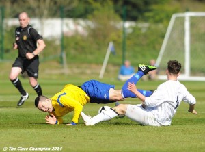 Eoin Hayes of Clare League in action against Conor Dillon of AUL Dublin during the Oscar Traynor Trophy Final at AUL Complex, Clonshaugh, Dublin. Photograph by John Kelly.