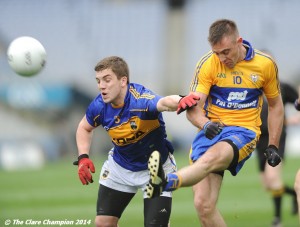 Shane Mc Grath of Clare in action against Robbie Kiely of Tipperary during the Division 4 League final in Croke Park. Photograph by John Kelly.