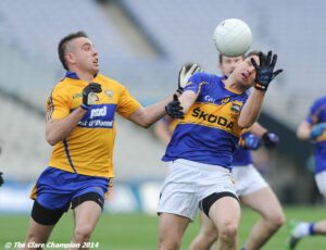 Shane Mc Grath of Clare in action against Philip Austin of Tipperary during the Division 4 League final in Croke Park. Photograph by John Kelly.