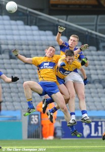 Shane Hickey and Gordon Kelly of Clare in action against Philip Austin? of Tipperary during the Division 4 League final in Croke Park. Photograph by John Kelly.