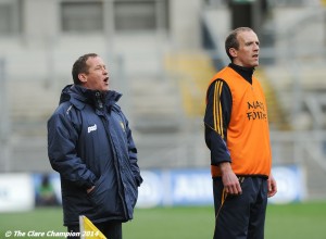 Clare manager Colm Collins and coach Paudie Kissane on the sideline during the Division 4 League final against Tipperary in Croke Park. Photograph by John Kelly.