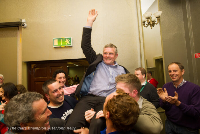 Poll topper in Killaloe area Joe Cooney is lifted on high by supporters as he is deemed elected during the election count at The West county Hotel, Ennis. Photograph by John Kelly.