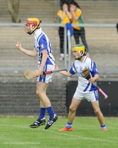 Kilmaley 1-6 to Feakle 0-6 at half time in the U-16 county hurling final at Cusack park. Kilmaley's goal was scored by Sean O Loughlin, pictured here celebrating with team mate Aidan Kennedy.