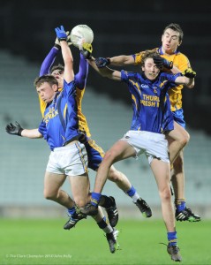 Keelan Sexton and Niall Mc Carthy of Clare in action against Emmett Moloney and Jack Kennedy of Tipperary during their U-17 Munster League final in The Gaelic Grounds. Photograph by John Kelly.