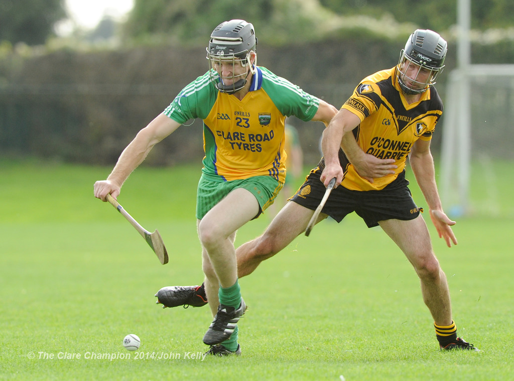 Cathal Griffin of Inagh-Kilnamona in action against Paul Collins of Clonlara during their Junior A final at Clarecastle. Photograph by John Kelly.