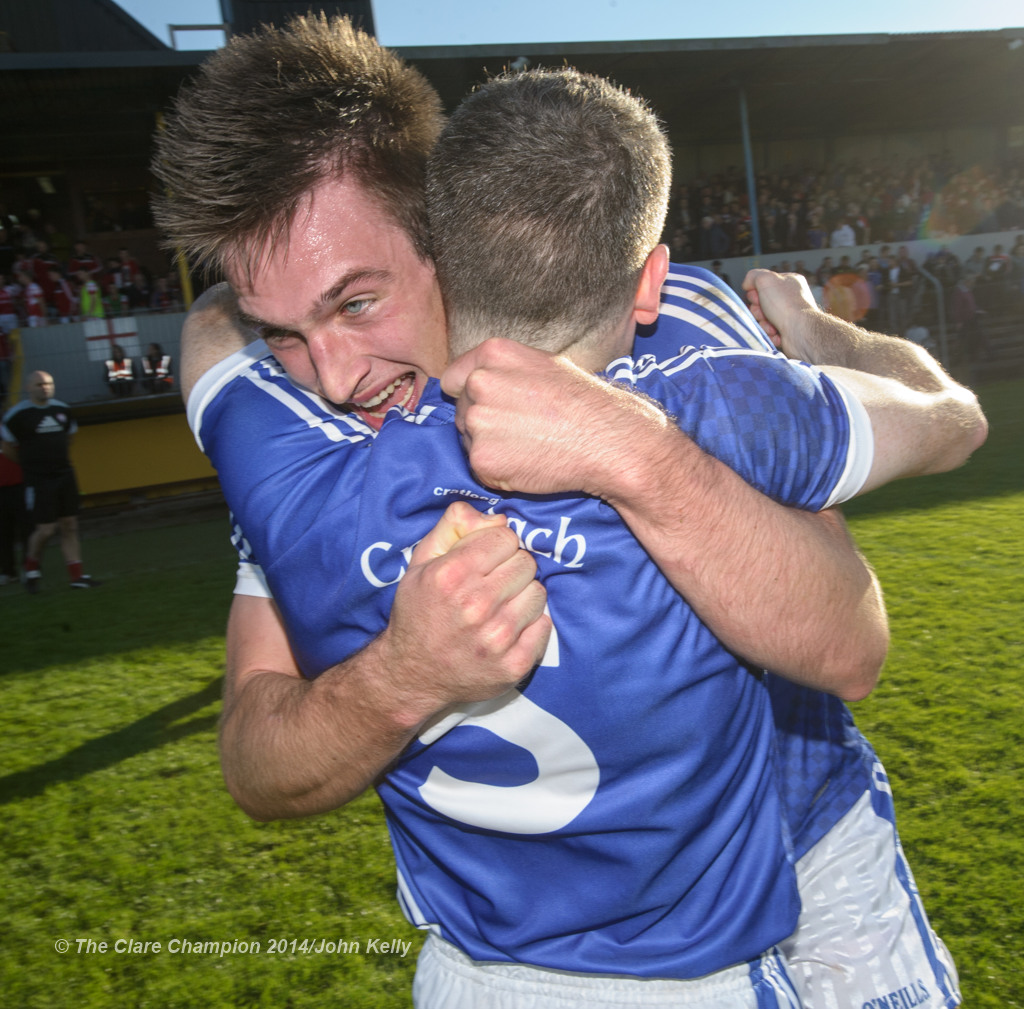 Conor Ryan and Martin Oige Murphy of Cratloe celebrate their senior football final win at Cusack park. Photograph by John Kelly.