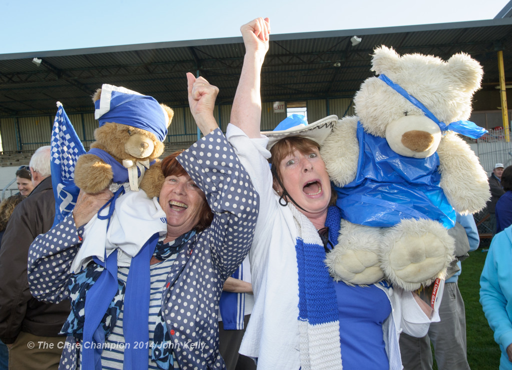 Cratloe fans Anne Mc Namara and Mary Hayes celebrate with their teddy bears following the win over Eire Og in the senior football final at Cusack park. Photograph by John Kelly.