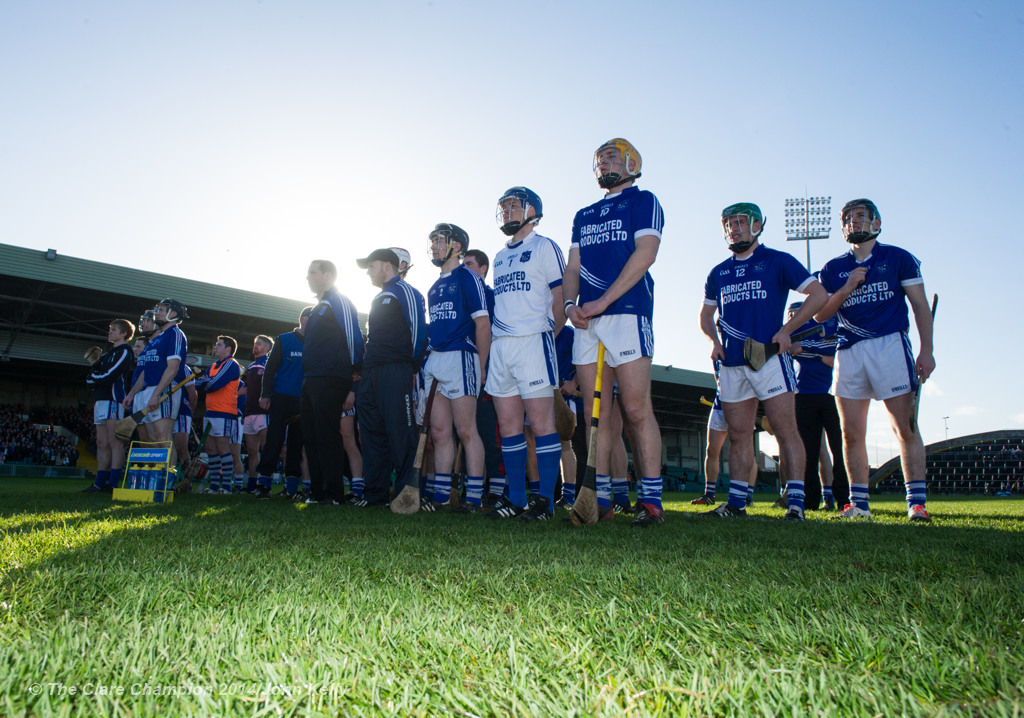 The Cratloe team stands for the anthem before the Munster Club final at The Gaelic Grounds. Photograph by John Kelly.