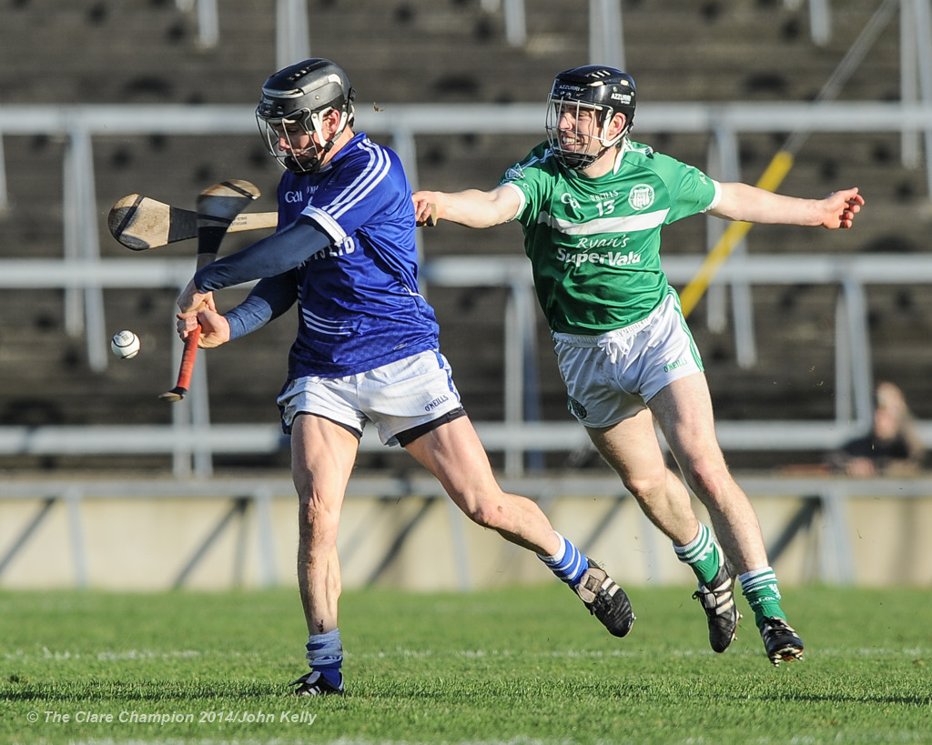 Sean Chaplin of Cratloe in action against Graeme Mulcahy of Kilmallock during their Munster Club final at The Gaelic Grounds. Photograph by John Kelly.