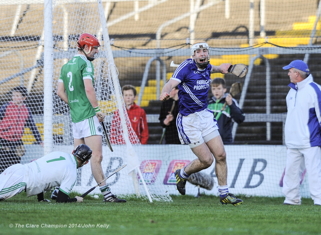 Conor Mc Grath of Cratloe celebrates a late crucial goal against Kilmallock during their Munster Club final at The Gaelic Grounds. Photograph by John Kelly.