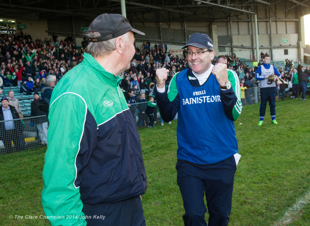 Kilmallock manager and Clarecastle club man Ger Sparrow O Loughlin celebrates the win over Cratloe on the final whistle at the Munster Club final in The Gaelic Grounds. Photograph by John Kelly.