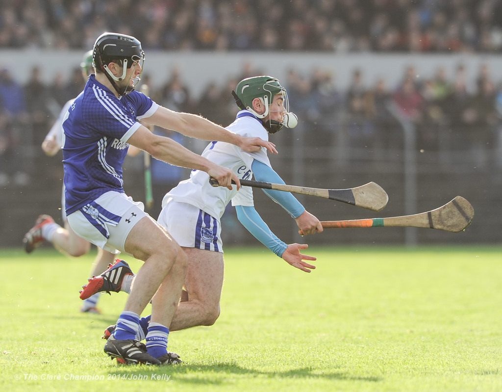 Sean Chaplin of Cratloe in action against Conor Lanigan of Thurles Sarsfield's during their Munster Club quarter final in Cusack park. Photograph by John Kelly.