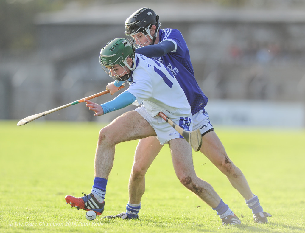 Sean Chaplin of Cratloe in action against Conor Lanigan of Thurles Sarsfield's during their Munster Club quarter final in Cusack park. Photograph by John Kelly.