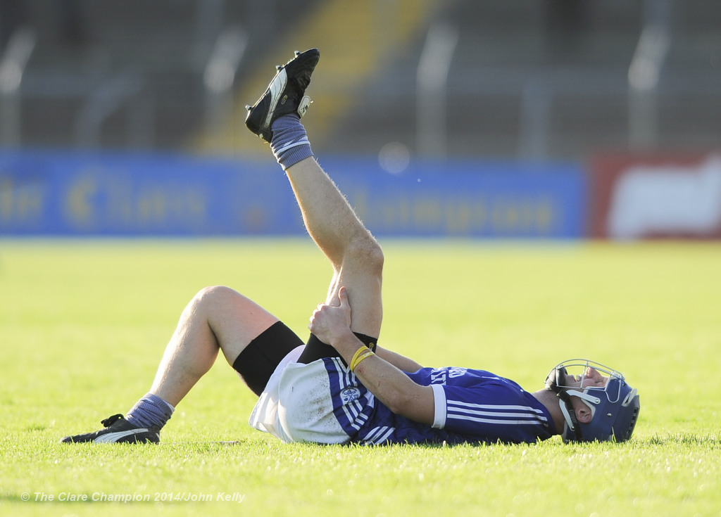 Gearoid Considine of Cratloe goes down injured while playing Thurles Sarsfield's in the Munster Club quarter final in Cusack park. Photograph by John Kelly.